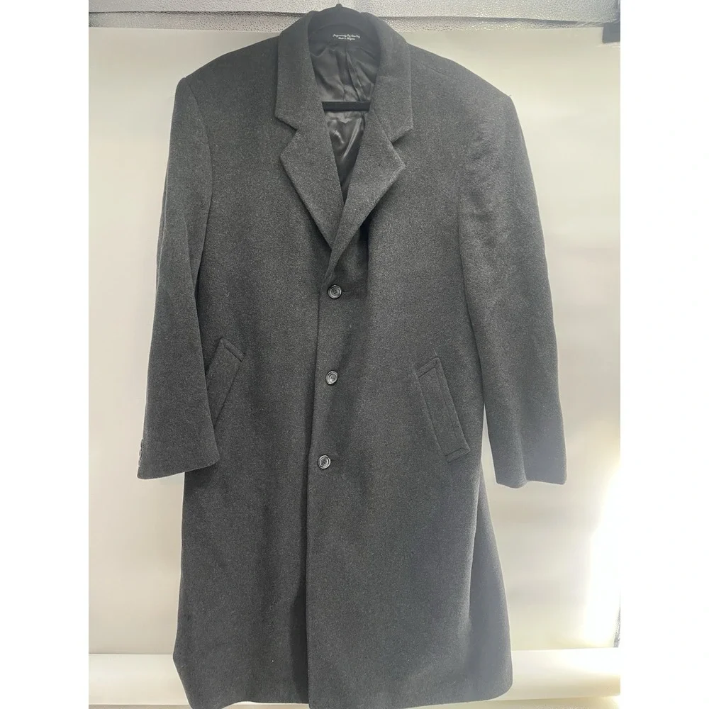Silver Cloud‎ Cashmere Blend Men's Long Grey Lined Coat Size 46L 3-Button Trench